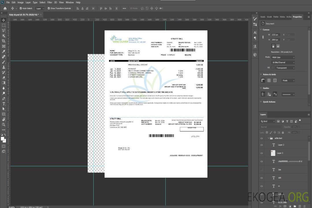 Canada Colombie-Britannique Ville de Vancouver facture de services publics template Canada Colombie-Britannique Ville de Vancouver facture de services publics template